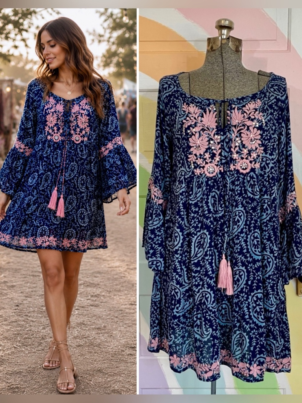 NWT Miss June Paris Embroidered Sequin Tassel Boho Mini Dress Free Size M 🧡🎀